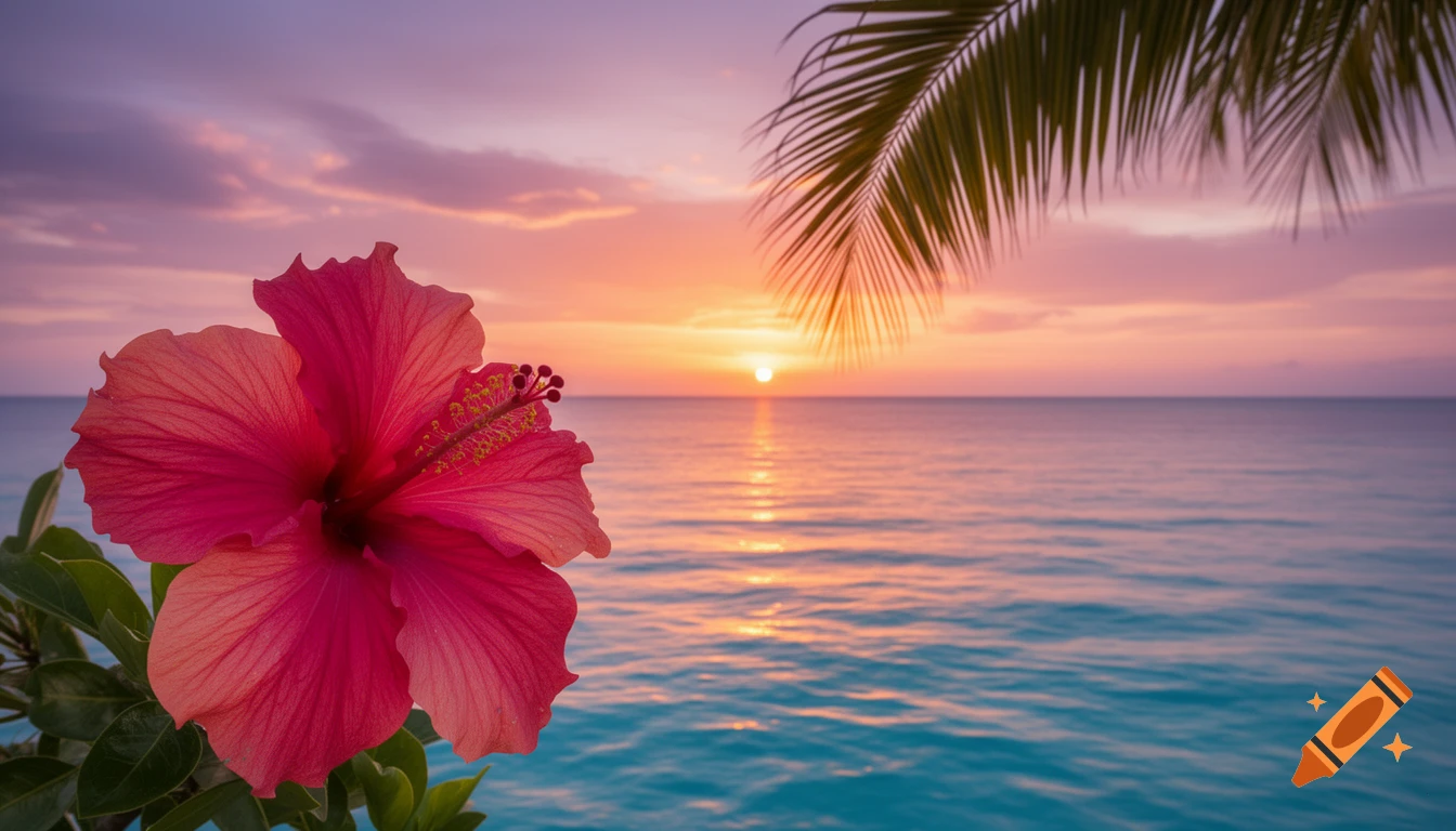 A large pink hibiscus flower in the foreground with a vivid sunset over a tranquil turquoise ocean and palm frond.