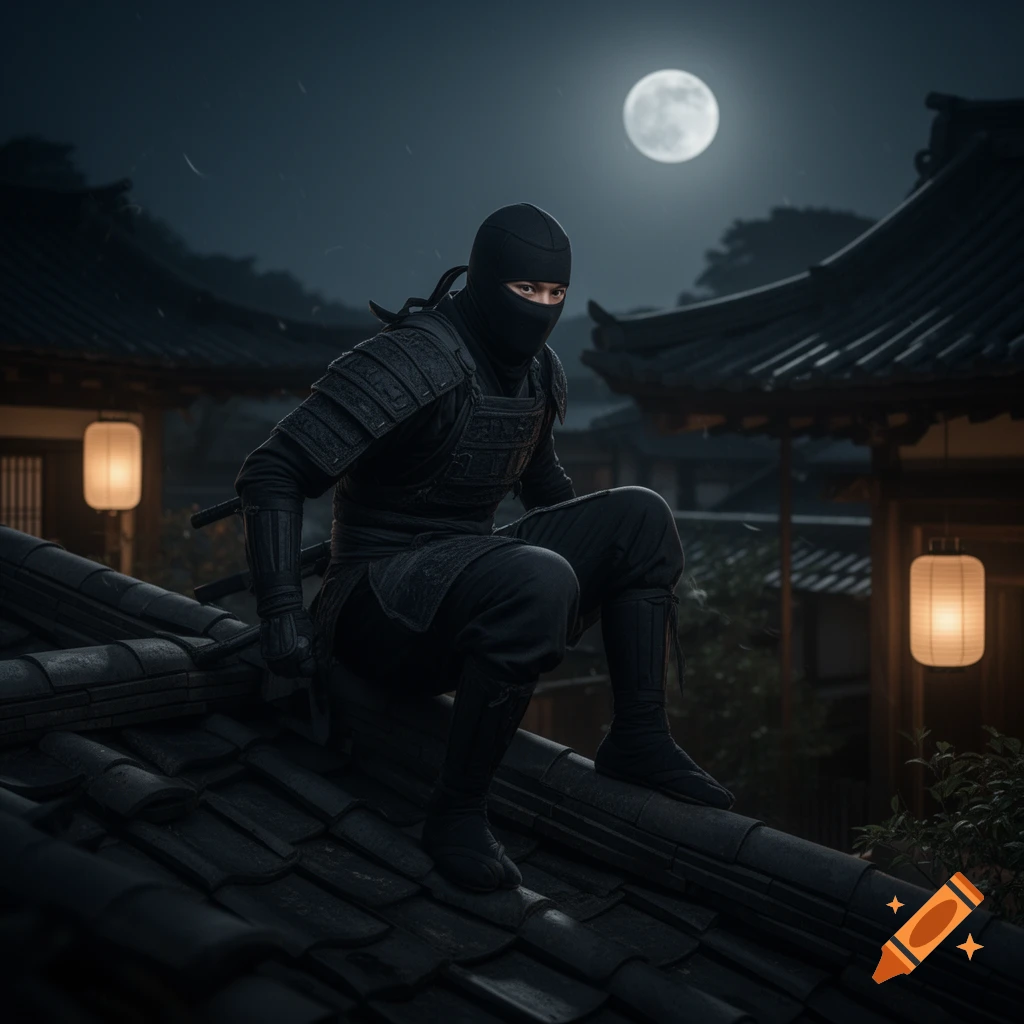 A ninja in black armor crouches on a tiled rooftop at night, under a full moon, with traditional Japanese buildings. Photorealistic.