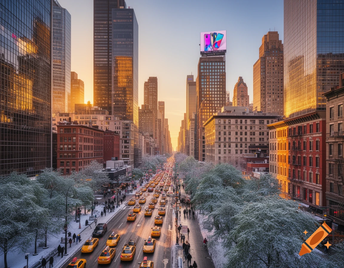 A snowy city street at sunrise or sunset, with tall buildings reflecting warm light, a wide street full of yellow taxis, and people walking on sidewalks. A billboard with phone ads is visible atop a building.