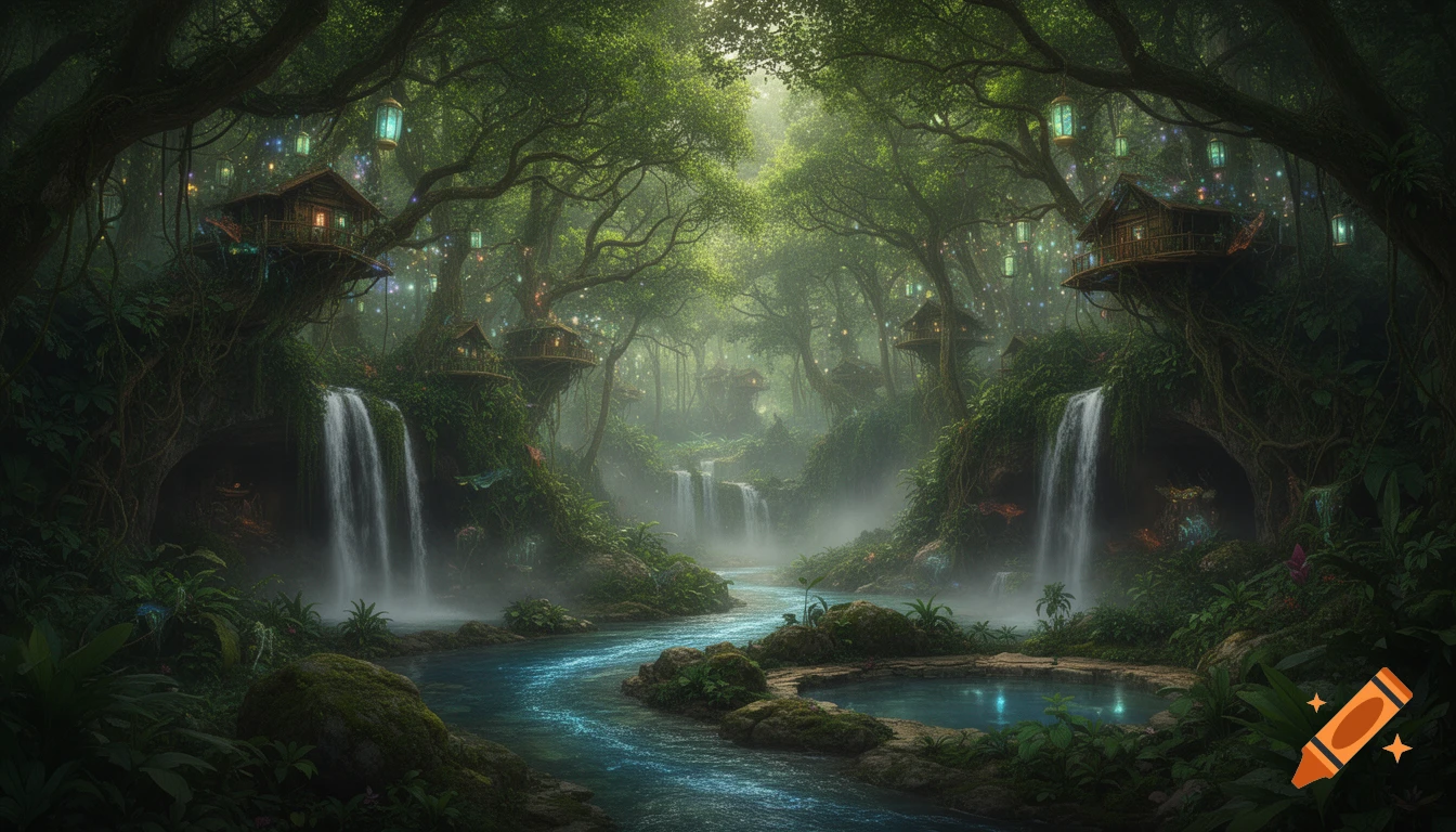 A cinematic magical jungle fantasy scene with tree huts, glowing lanterns, multiple waterfalls, and a winding river.