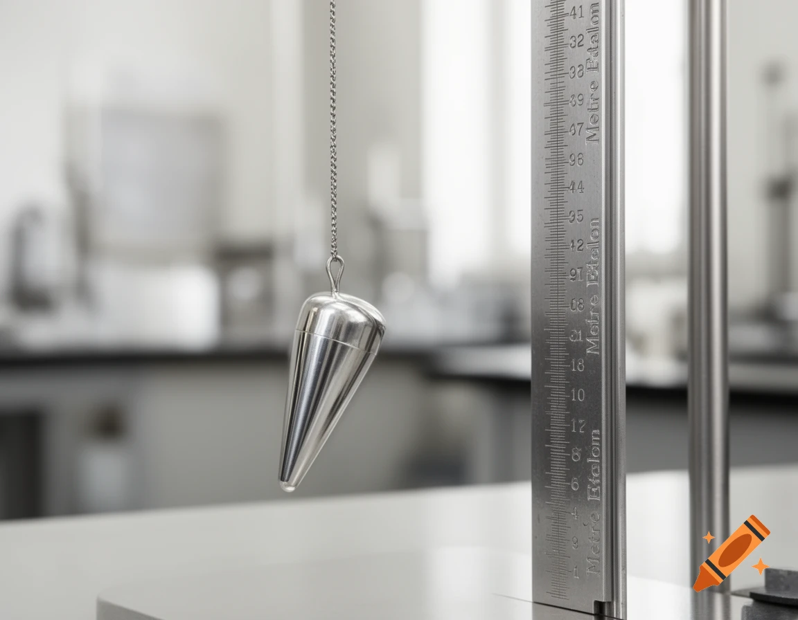 A gleaming silver pendulum hangs next to a detailed metal ruler marked with "Metre Etalon" in a bright laboratory setting.