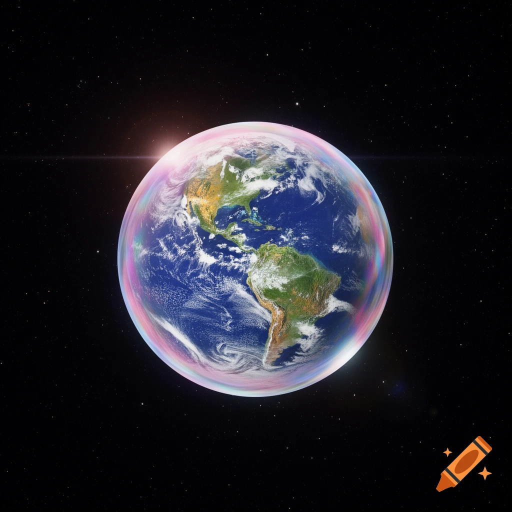 Photorealistic image of Earth enclosed in a shimmering, colorful bubble, floating in dark space with distant stars.
