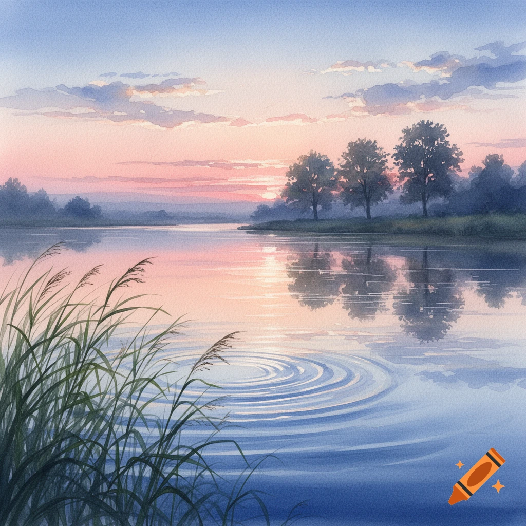 A watercolor painting of a tranquil lake at sunset, with reeds in the foreground and trees reflecting on the still water.