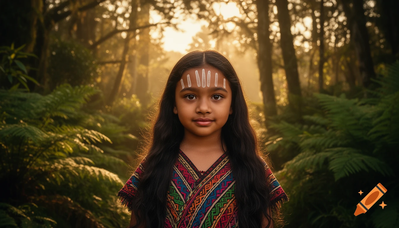 A young girl with white tribal marks on her forehead and a colorful top stands in a sunlit forest.