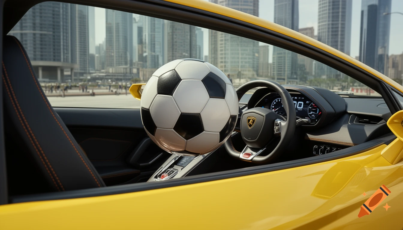 Photorealistic shot of a soccer ball positioned in the driver's seat of a yellow Lamborghini, with a modern city skyline in the background.