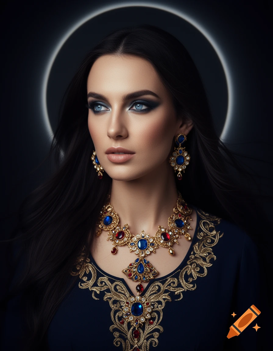 Photorealistic portrait of a woman with blue eyes, dark flowing hair, wearing elaborate gold and gemstone jewelry against a dark background with a light halo.