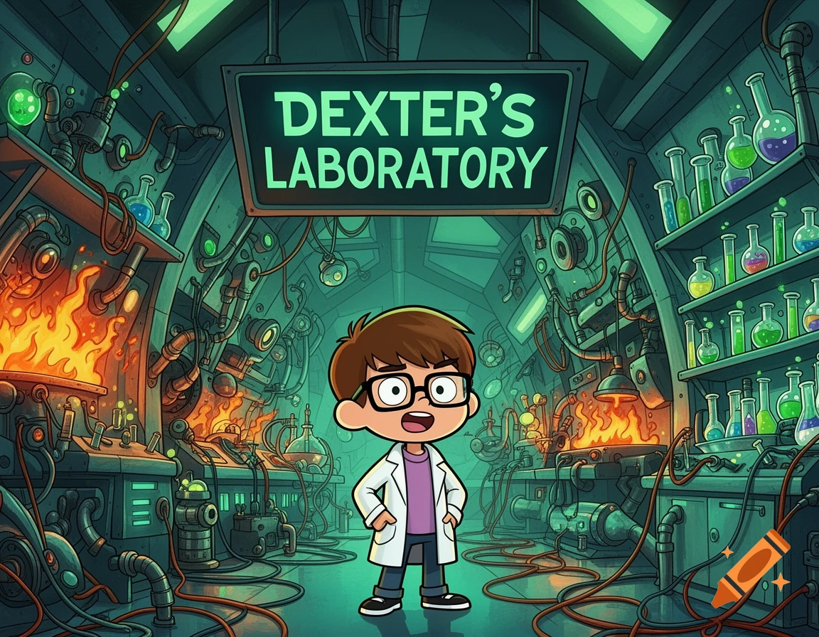 A cartoon boy in a lab coat and glasses stands in a vibrant, detailed laboratory with a sign overhead reading "DEXTER'S LABORATORY".