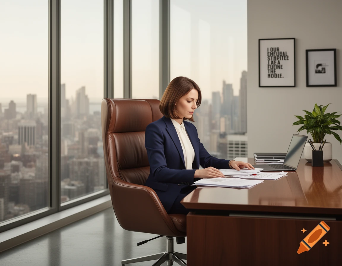 A businesswoman in a blue suit works at a desk, reviewing documents in a modern office with a city skyline visible through large windows.