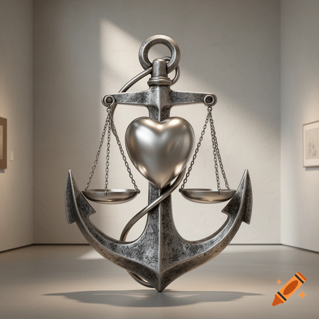 Photorealistic metallic sculpture of an anchor combined with a heart and scales, displayed in an art gallery.