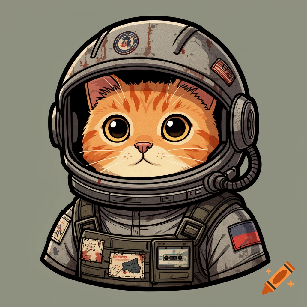 An orange tabby cat in a bulky retro astronaut helmet and patched tactical space vest, in a gritty but cute cartoon style.