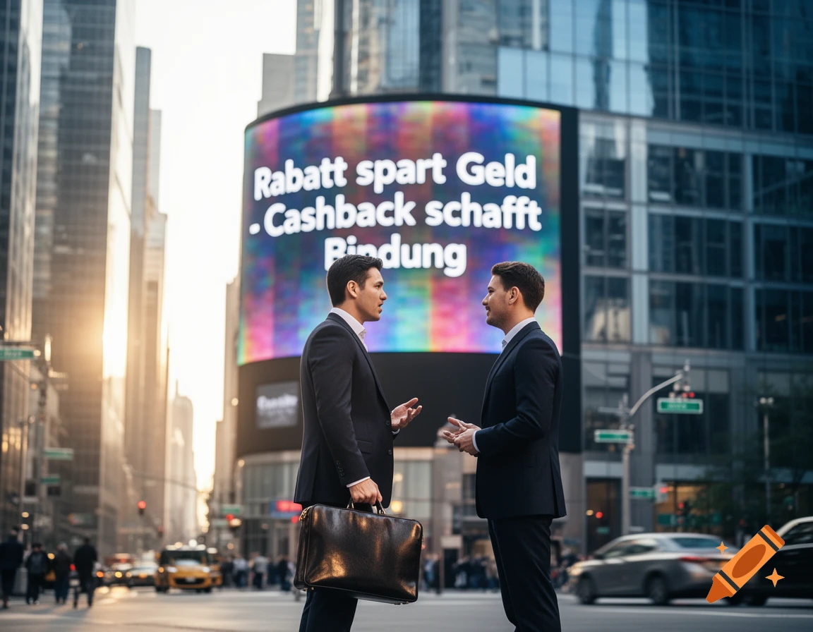 Two businessmen in suits stand on a bustling city street, talking in front of a large billboard displaying an economic message.
