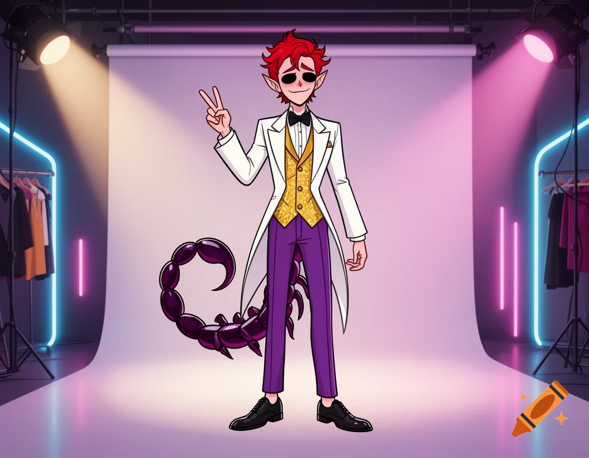 A slim male humanoid scorpion demon with red hair and black eyes, wearing a white tailcoat, gold vest, and purple pants, poses with a peace sign in a neon-lit fashion studio.