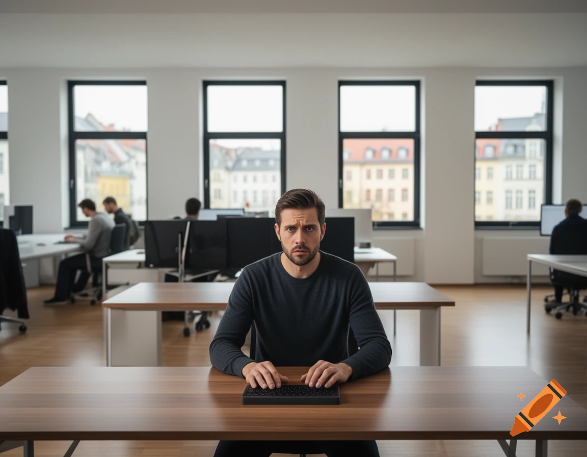 Man with a concerned expression at a desk, typing in a modern office with large windows overlooking a city.