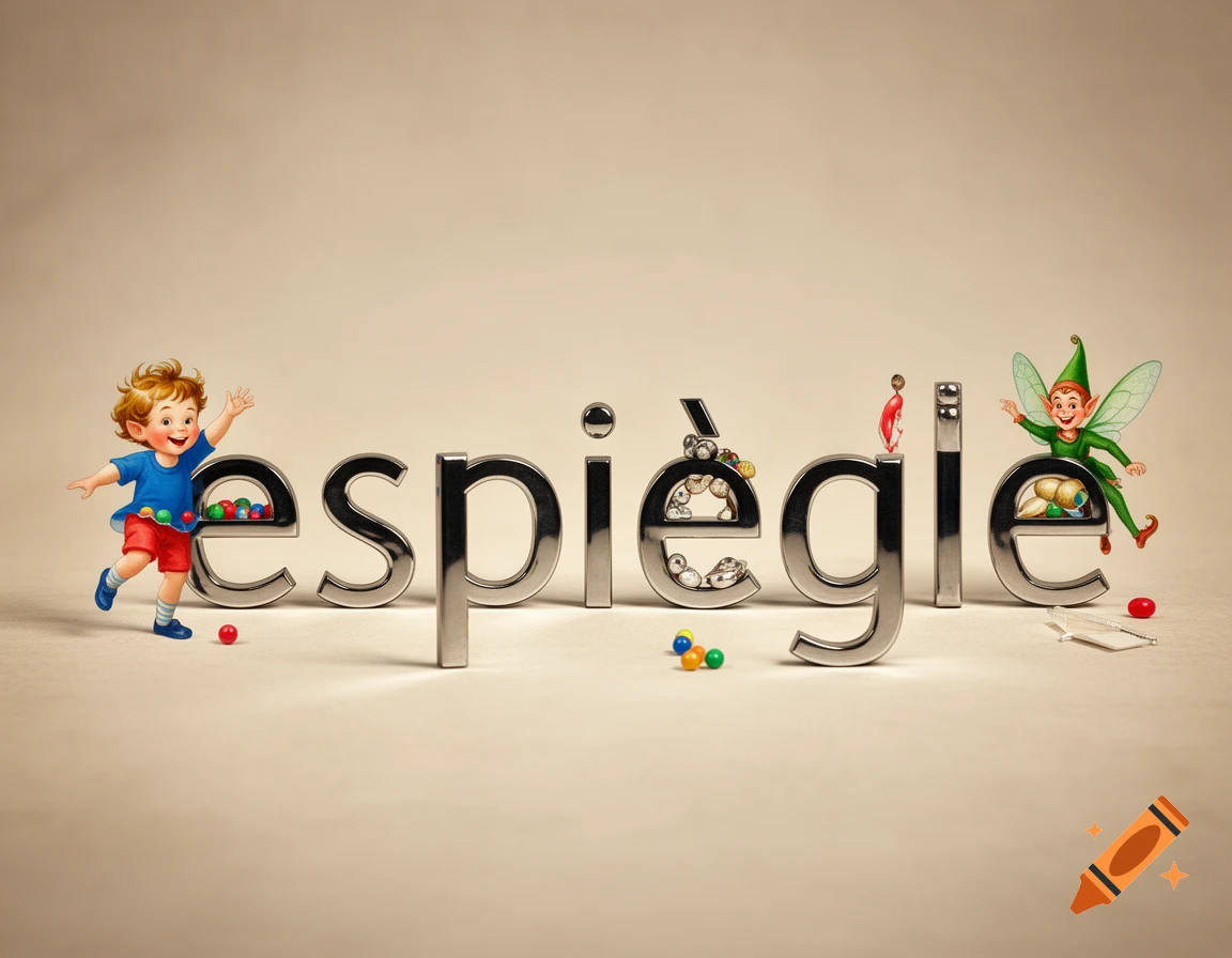 A cartoon child and a fairy playing with large, metallic letters spelling "espiègle" on a beige background, with colorful marbles around.