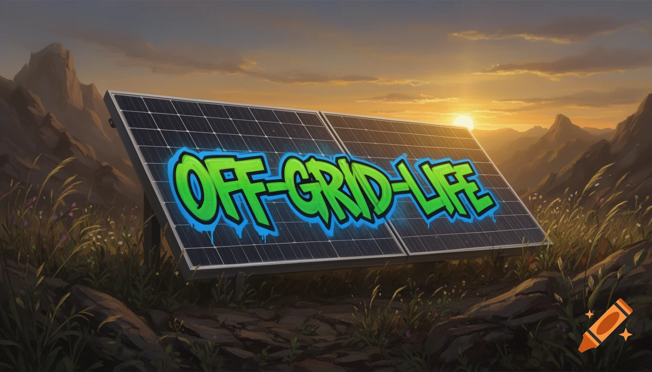 A solar panel with 'OFF-GRID-LIFE' graffiti sits in a mountainous landscape at sunset, digital painting style.