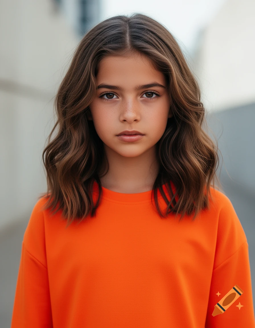 Photorealistic portrait of a young girl with brown wavy hair and freckles, wearing an orange long-sleeved shirt, looking directly at the viewer.