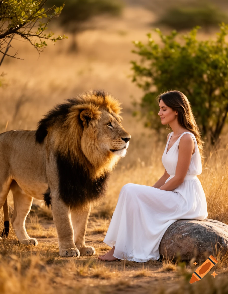 A woman in a white dress sits on a rock, eyes closed, as a lion stands beside her in a golden savanna.