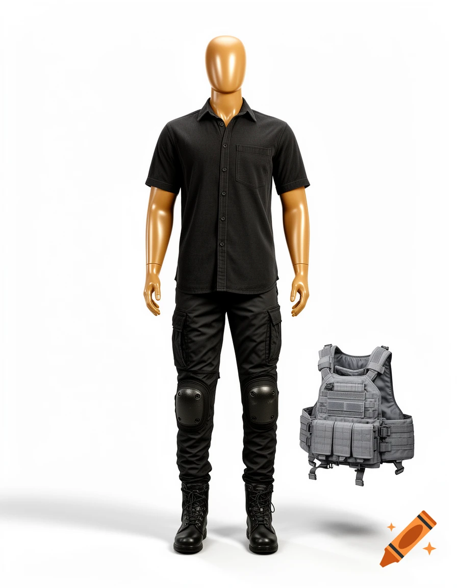 A full-body shot of a tan mannequin wearing a black shirt, cargo pants with kneepads, and boots, with a gray tactical vest floating beside it.