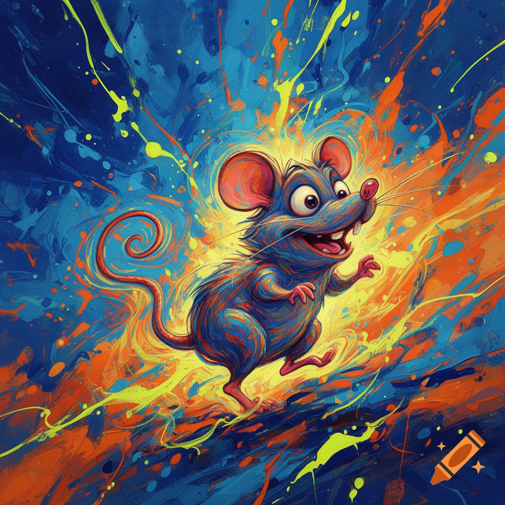 A vibrant, stylized cartoon mouse with big eyes and a wide grin, running amidst a dynamic splash of blue, orange, yellow, and red paint.