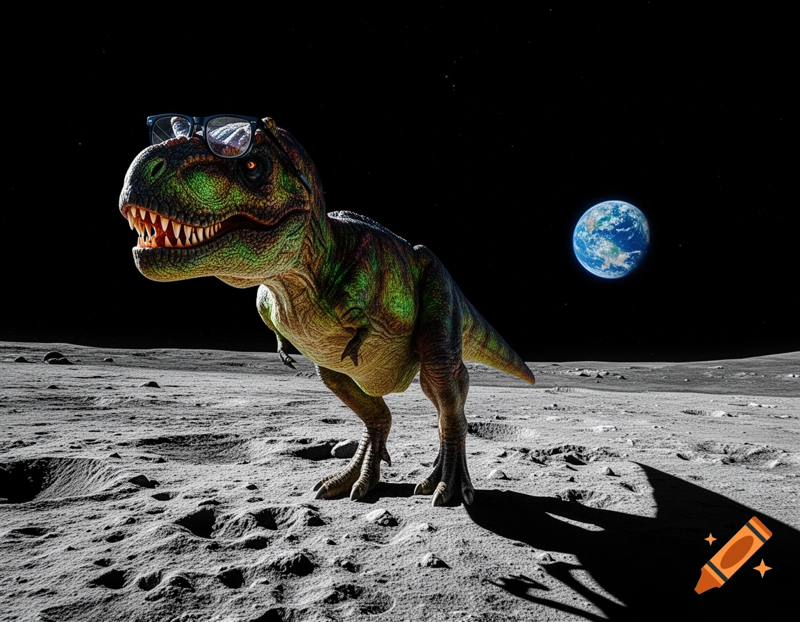 A green T-Rex wearing sunglasses stands on the moon's surface, with Earth visible in the dark sky.