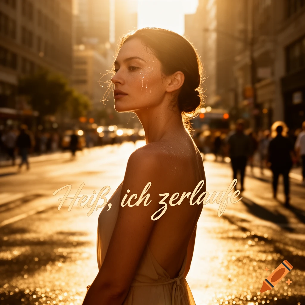 Woman in a backless dress on a sunlit city street with text "Hei", ich zerlaufe"