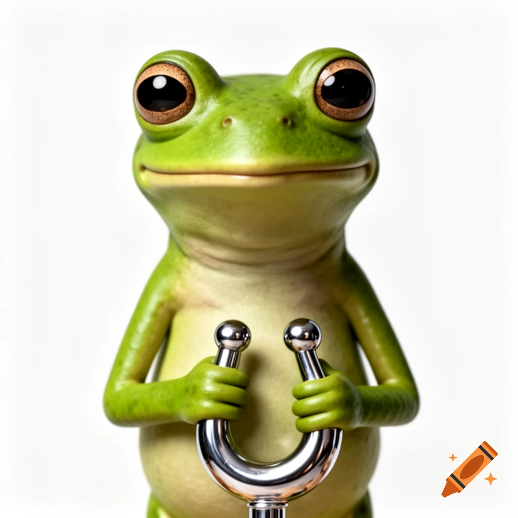A friendly-looking green cartoon frog with large eyes holds a silver horseshoe-shaped object against a white background.