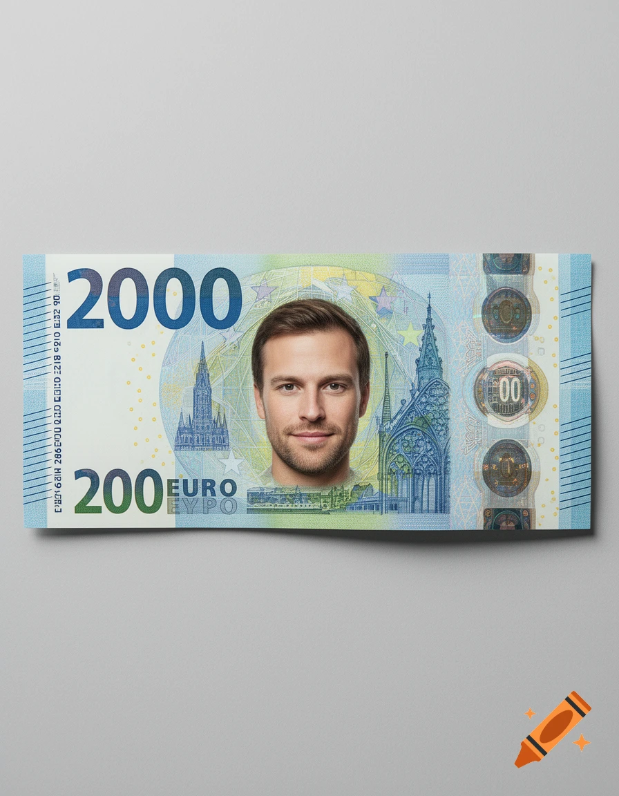 A custom 2000 Euro banknote featuring a man's smiling face in the center, flanked by architectural details.