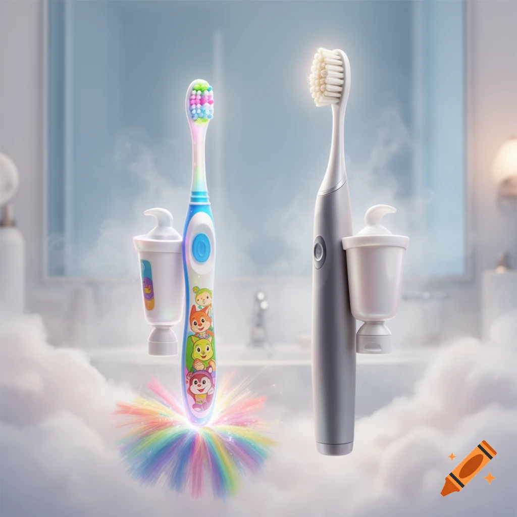 Two toothbrushes, one child's colorful and one adult's grey, with attached cups, float in a misty bathroom with a rainbow burst.
