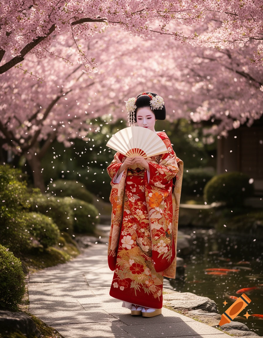 A geisha in a red kimono stands under falling cherry blossoms in a Japanese garden by a koi pond, holding a fan.