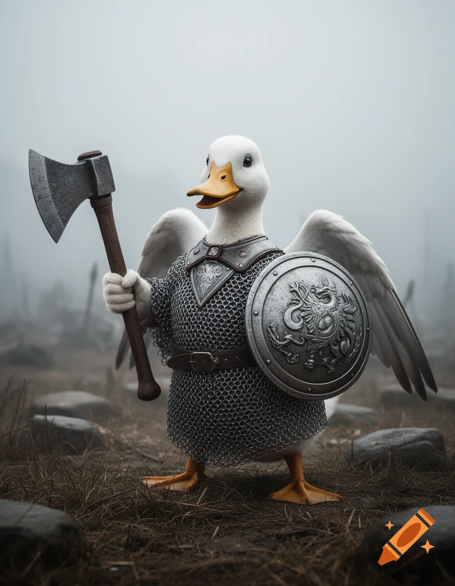 A white duck warrior in chainmail armor, holding a battleaxe and a shield with an emblem, stands in a foggy landscape.