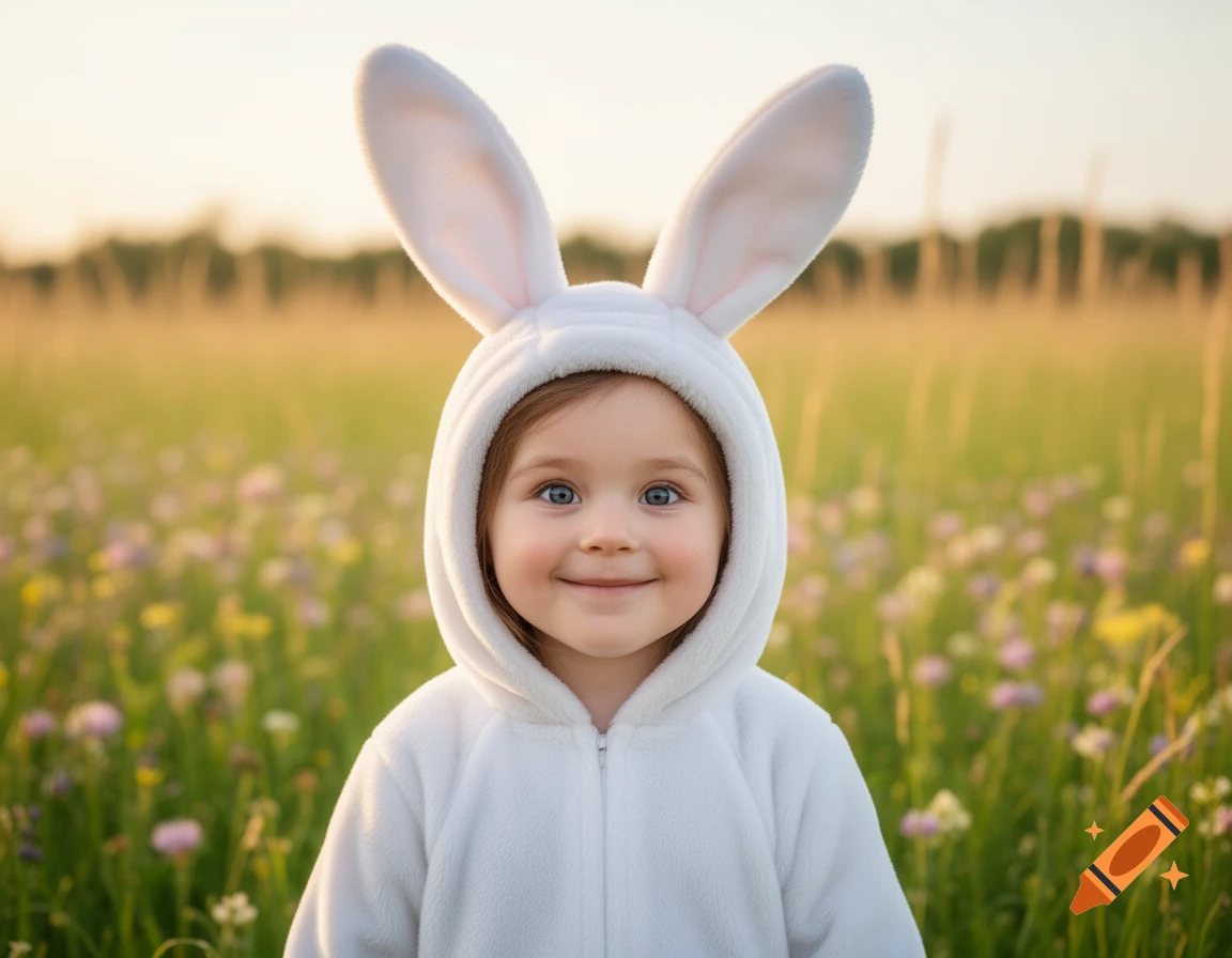 A smiling toddler in a white bunny costume stands in a sunny field of wildflowers.