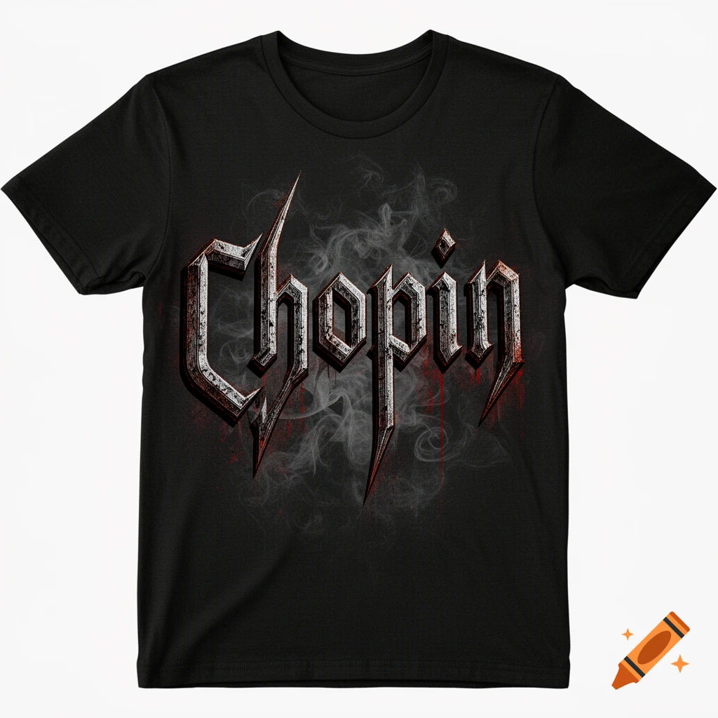 Black t-shirt with a stylized, metallic 'Chopin' logo featuring pointy edges, red splatter, and smoke effects.