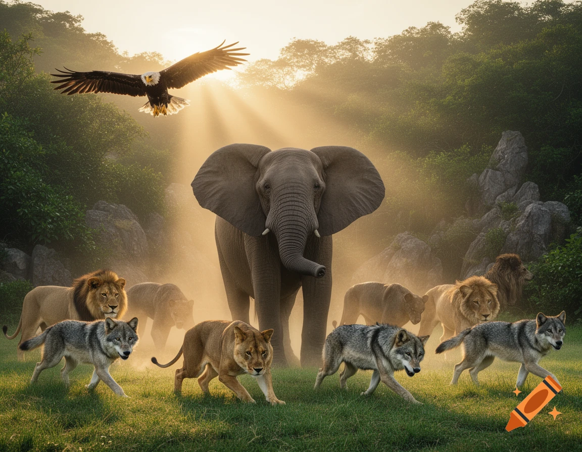 A photorealistic scene with an elephant, bald eagle, lions, and wolves walking through a misty, sun-drenched jungle clearing.