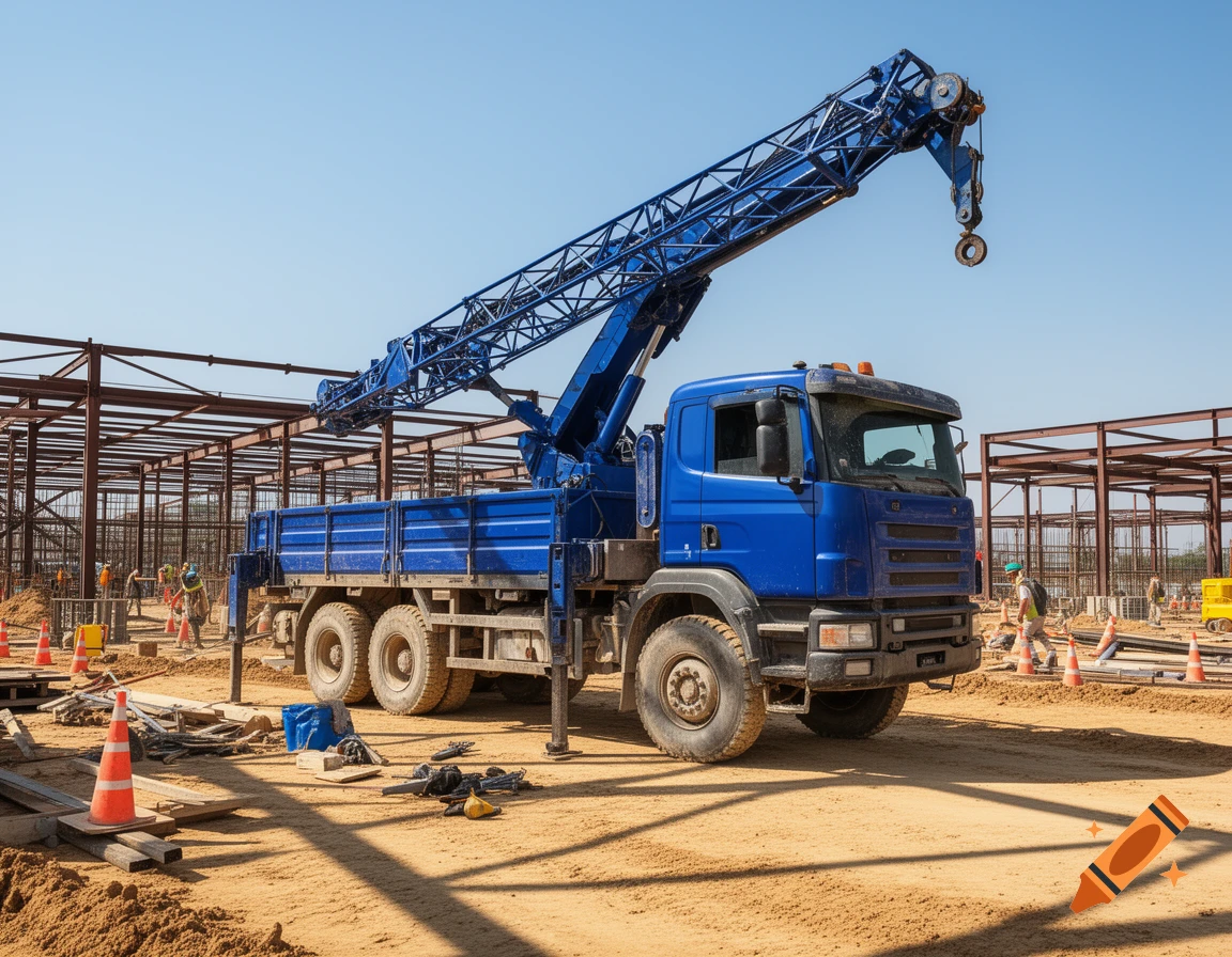 A blue lorry mounted crane at a dusty construction site with steel framework and workers under a clear sky.