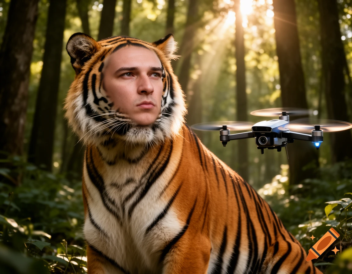 A photorealistic tiger with a human head sits in a sunny forest, a drone hovers next to it.