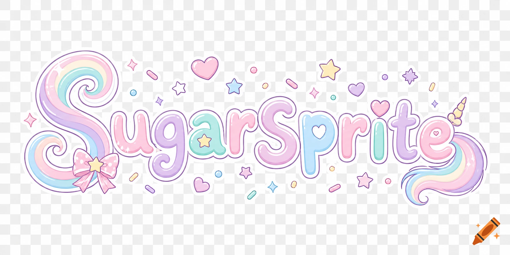 A whimsical pastel "SugarSprite" logo with bubble lettering, a swirling 'S', a unicorn tail 'e', and scattered stars, hearts, and sprinkles.