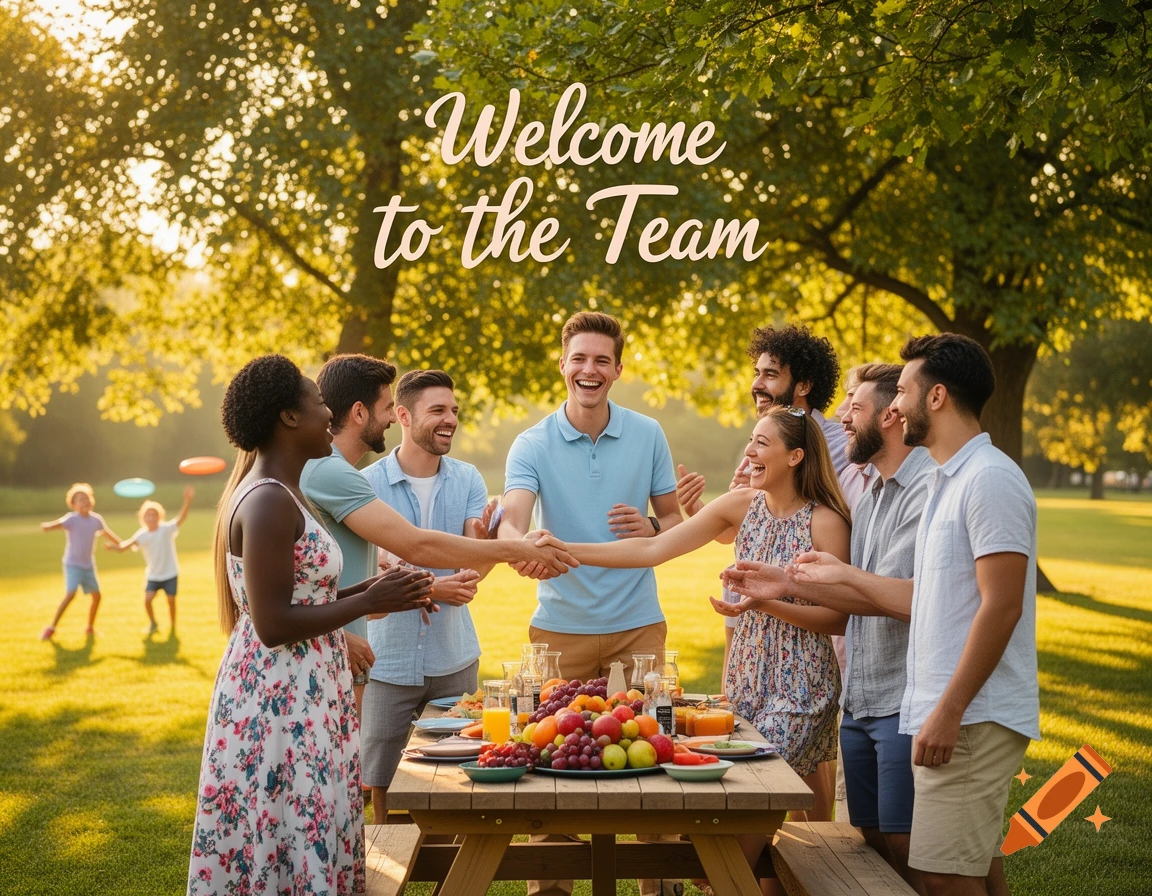A diverse group of smiling people gathered around a picnic table in a sunny park, welcoming a new team member.