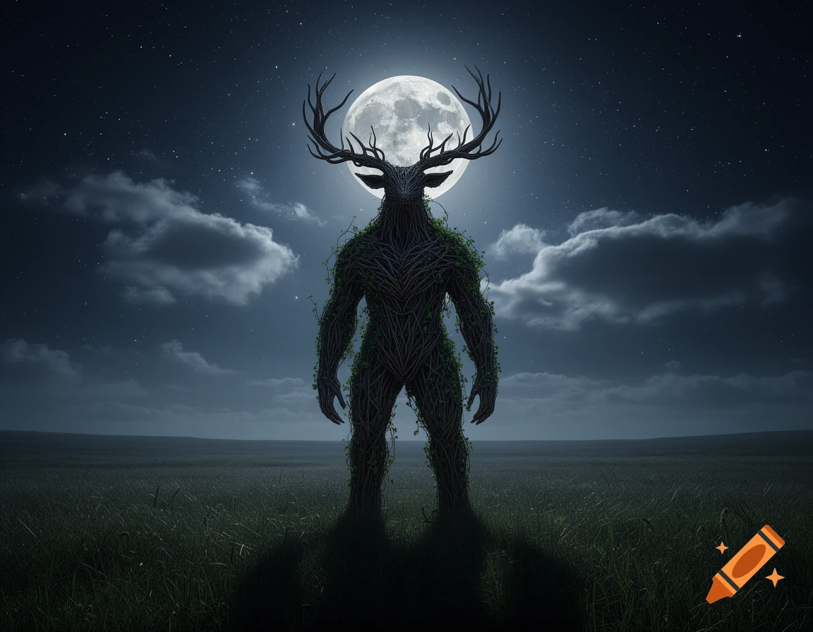 A large, dark wickerbeast with antlers, made of branches and vines, stands in a field under a full moon and starry night sky.