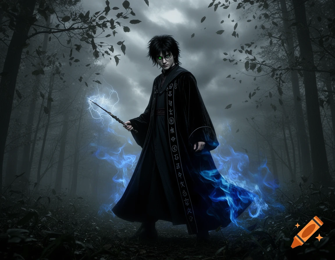 Dark wizard resembling Harry Potter with glowing green eyes, casting blue lightning from his wand in a misty forest with blue flames.