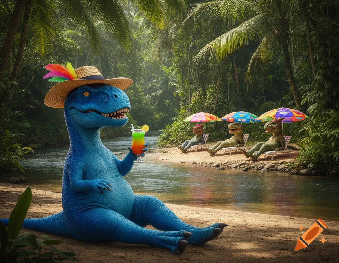 A blue dinosaur in a feathered straw hat sips a cocktail on a tropical riverbank, while three other dinosaurs lounge under colorful parasols.