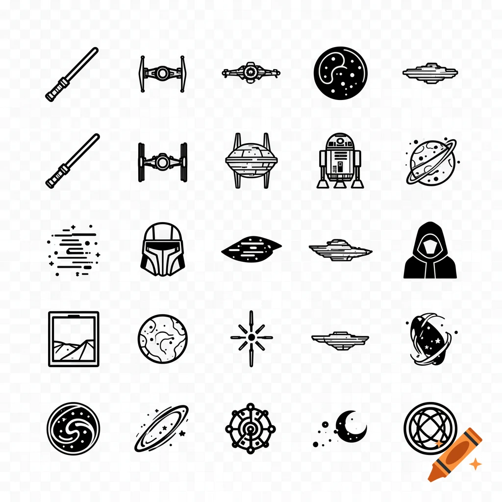 A grid of 25 minimalist black and white vector icons, depicting futuristic and galactic objects such as lightsabers, starfighters, robots, and planets.