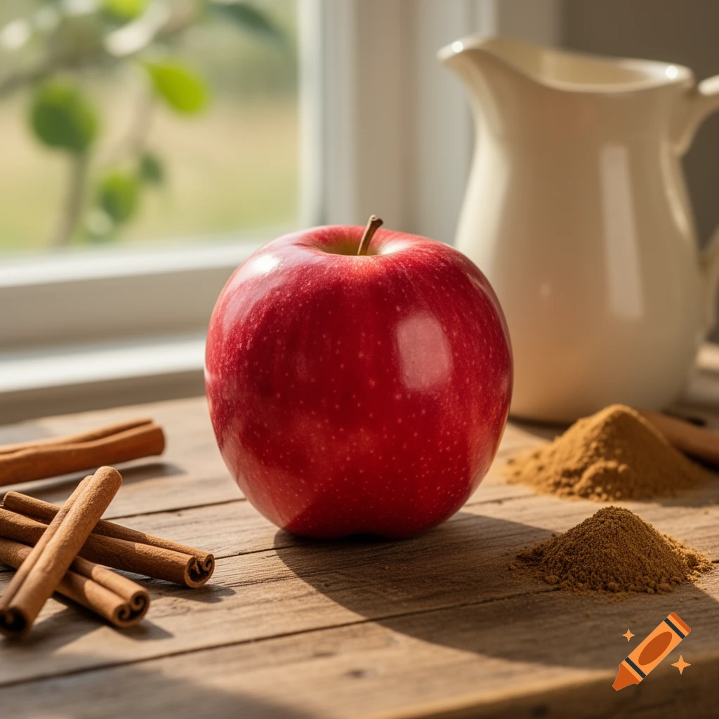 A vibrant red apple, cinnamon sticks, and powdered cinnamon on a rustic wooden table by a sunlit window.