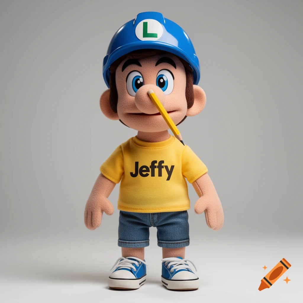 A puppet character with a blue hard hat, yellow 'Jeffy' t-shirt, denim shorts, blue sneakers, and a pencil in its nose.