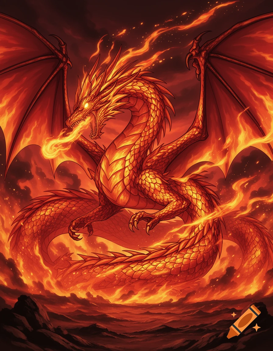An anime-style fire dragon with glowing eyes breathing fire, surrounded by flames against a dark, cloudy sky.