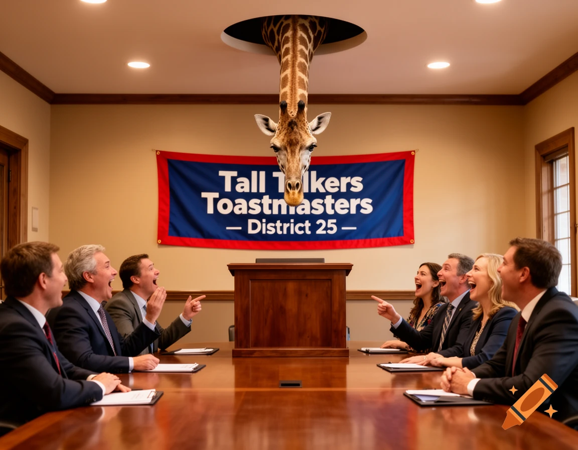 Photorealistic image: A giraffe's head pokes through the ceiling of a conference room, surprising laughing attendees at a 'Tall Talkers Toastmasters' meeting.