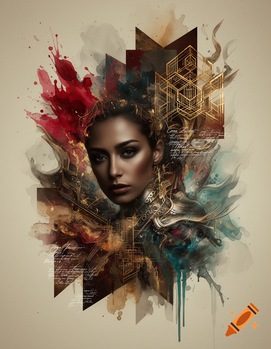 Abstract portrait of a woman in mixed media style with red, teal, and gold geometric and watercolor elements on a light background.