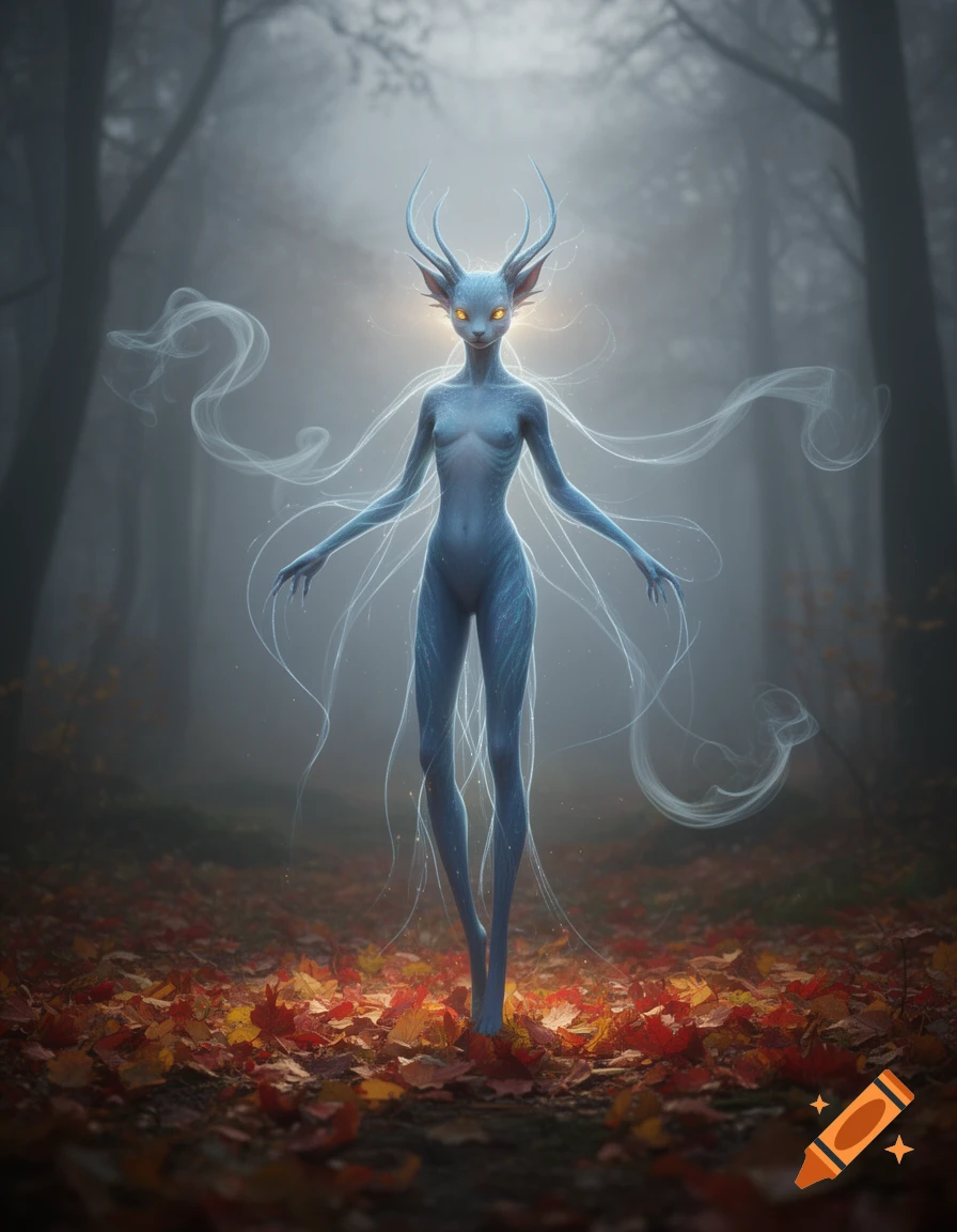 A slender, blue-skinned fantasy creature with glowing eyes and antlers stands in a misty autumn forest covered in red and orange leaves.