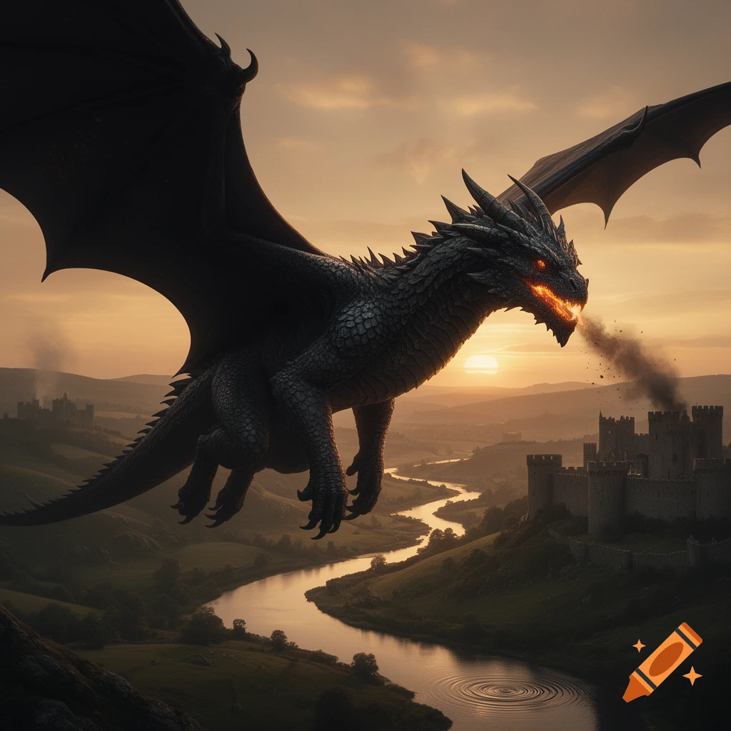 A large, dark dragon with glowing red eyes flies above a winding river and castles at sunset, breathing fire.