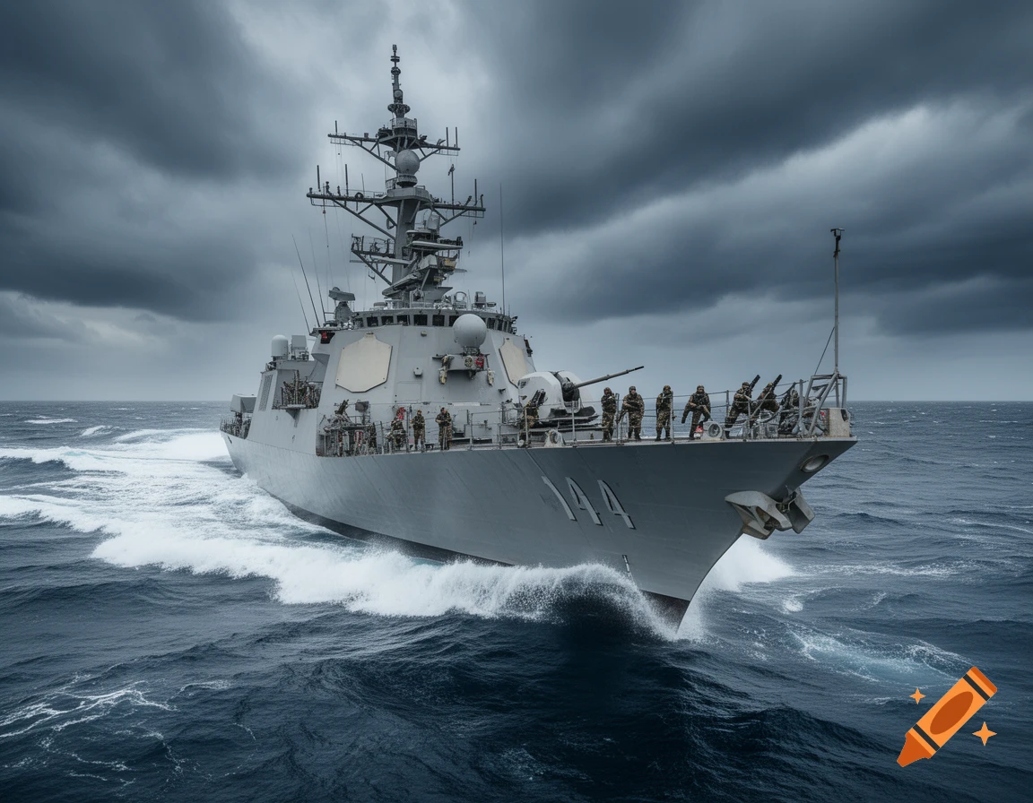 A grey warship with soldiers on deck sails through rough, dark ocean waters under a cloudy sky.