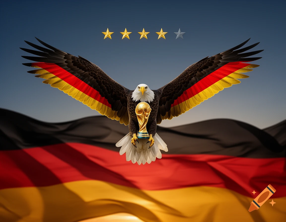 Bald eagle with German flag wings holds the World Cup trophy, flying over a German flag with four gold stars and one gray star.